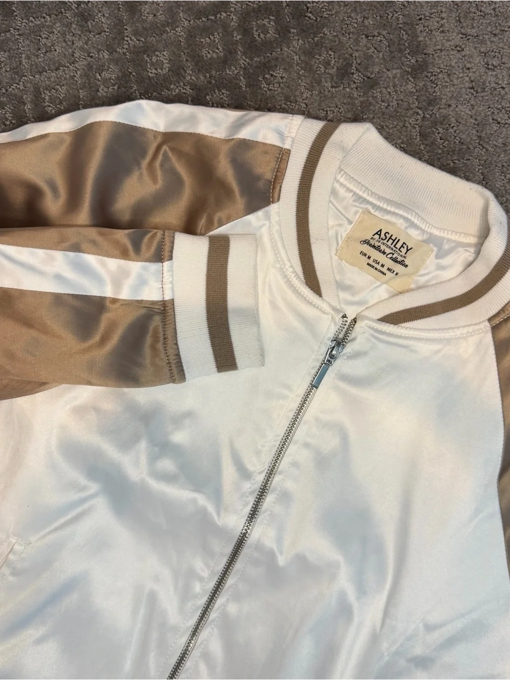 Classic Satin Bomber Jacket Beige Ivory Sz M Y2K Streetwear Festival Minimalist